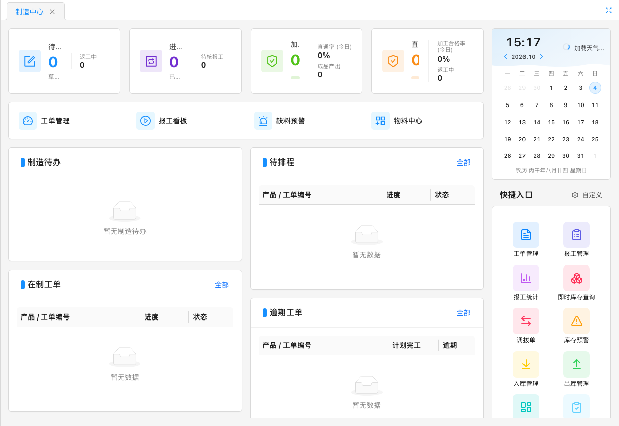 制造中心：返工中、待核报工、直通率、加工合格率与工单管理、报工看板、缺料预警、物料中心入口