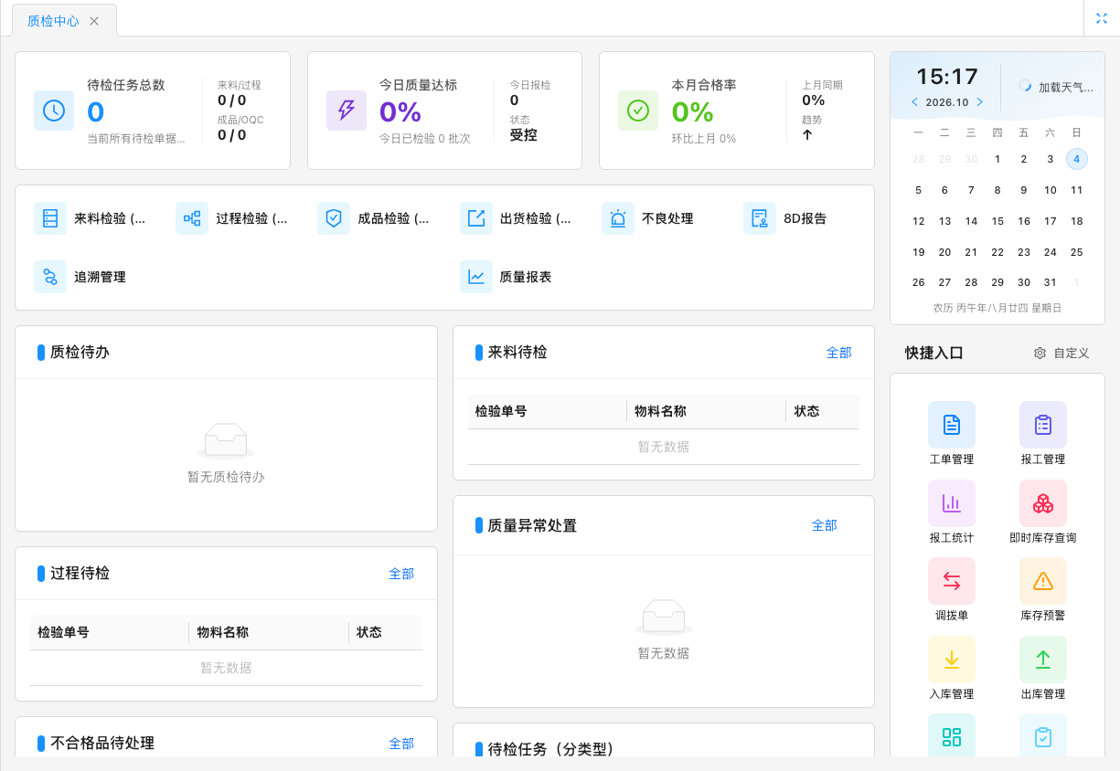 质检中心：来料检验、过程检验、成品检验、出货检验、不良处理、8D 报告、追溯管理与质量报表